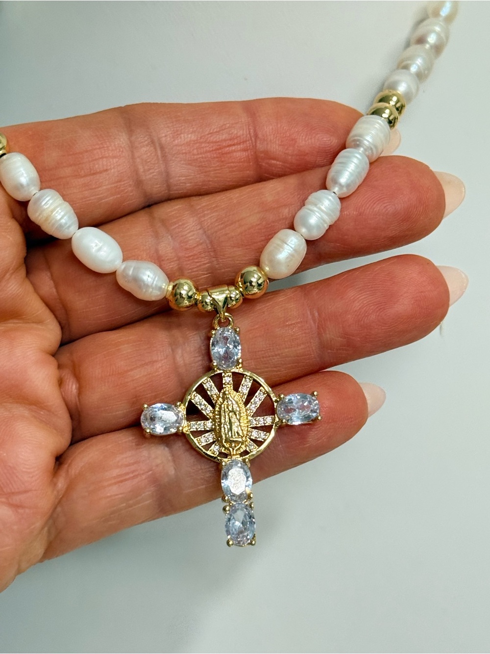 14k Gold Plated Virgin Mary Cross Pearl Necklace - Elegant Women's Jewelry